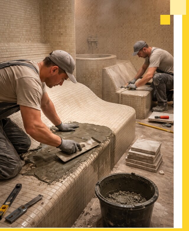 Лежаки для хамама под ключ в Новоуральске, проект и монтаж